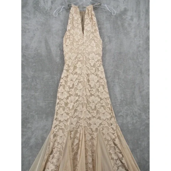 Xscape Dress Womens 4 Sheer Floral Lace Trumpet Gown Feminine Wedding Lined Tan - Picture 5 of 14